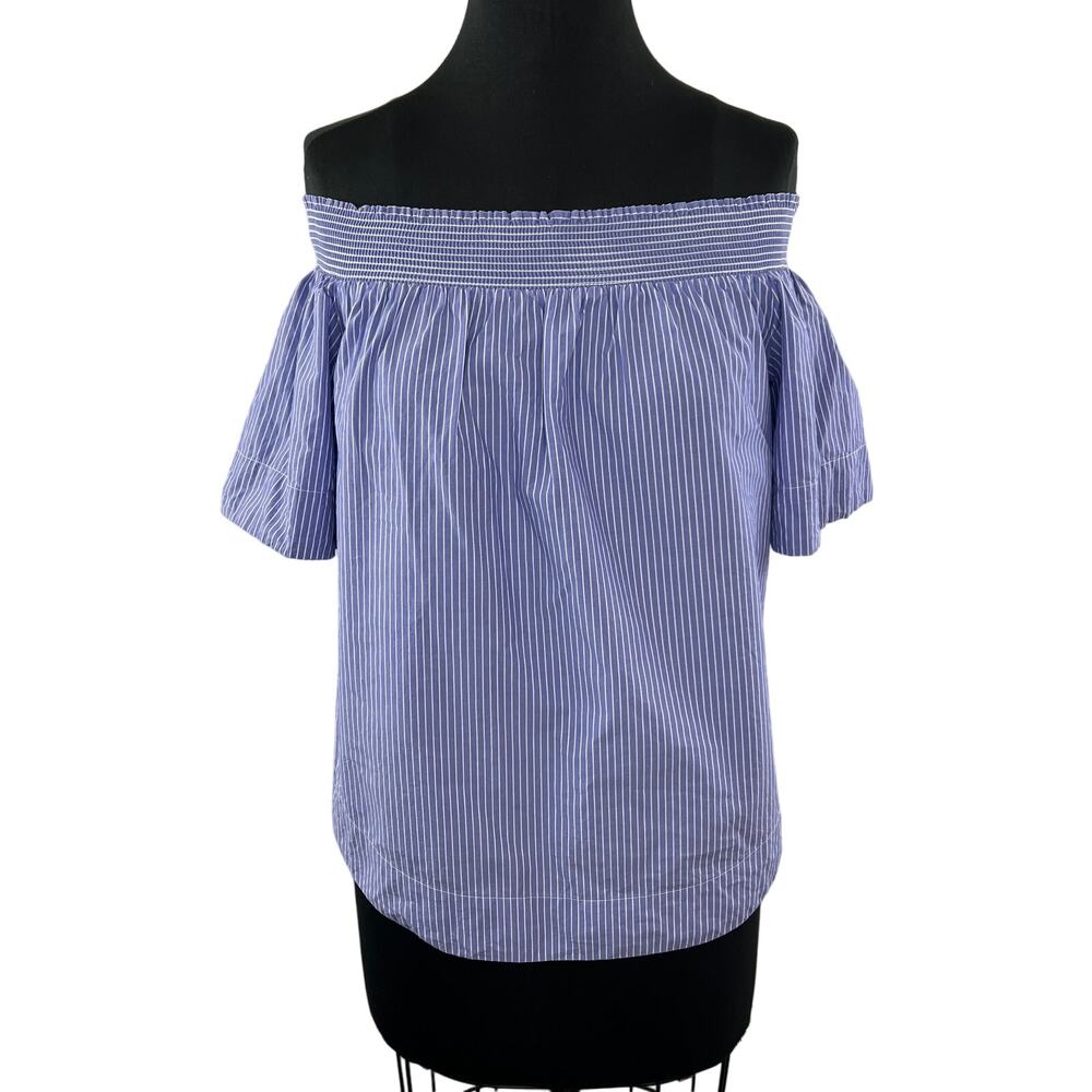 J. CREW Blue White Striped Cotton Off-the-Shoulder Short Sleeve Top Blouse 4